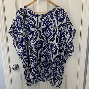 Chico's Blue White Patterned Women's Tunic Coverup Poncho 100% Linen SIZE S/M